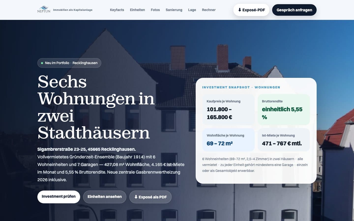 Startseite des Web-Exposés Sigambrerstraße, Recklinghausen: Titel „Sechs Wohnungen in zwei Stadthäusern“, Kaufpreise je Wohnung, Bruttorendite 5,55 % und Ist-Miete