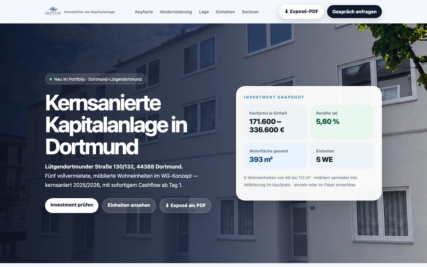Startseite des Web-Exposés Lütgendortmunder Straße, Dortmund: Titel „Kernsanierte Kapitalanlage in Dortmund“ mit Kaufpreisen je Einheit, Rendite und Wohnfläche