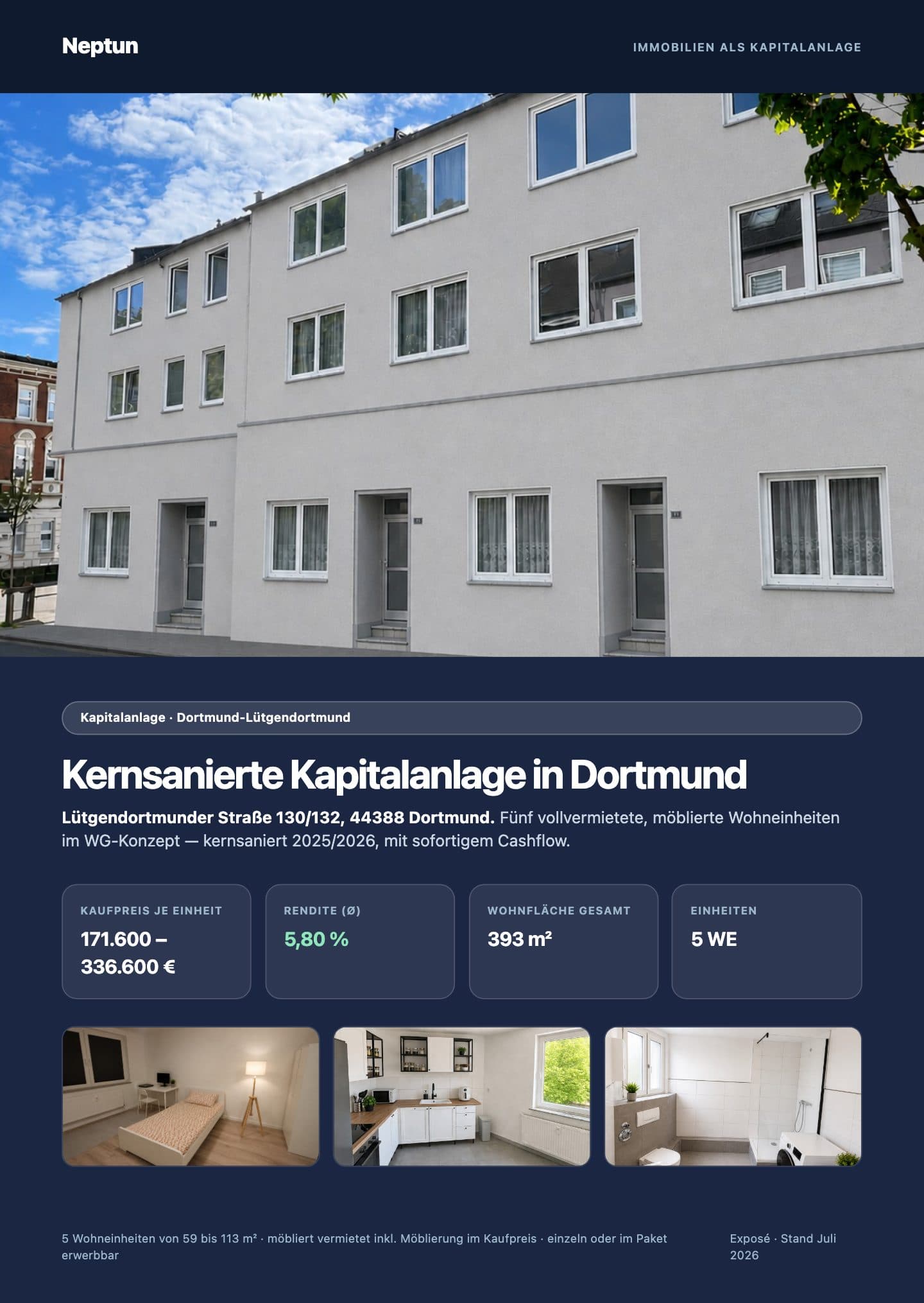 Erste Seite des PDF-Exposés Lütgendortmunder Straße, Dortmund: Fassadenfoto, Kennzahlen und Fotos der möblierten Zimmer, Küche und Bad