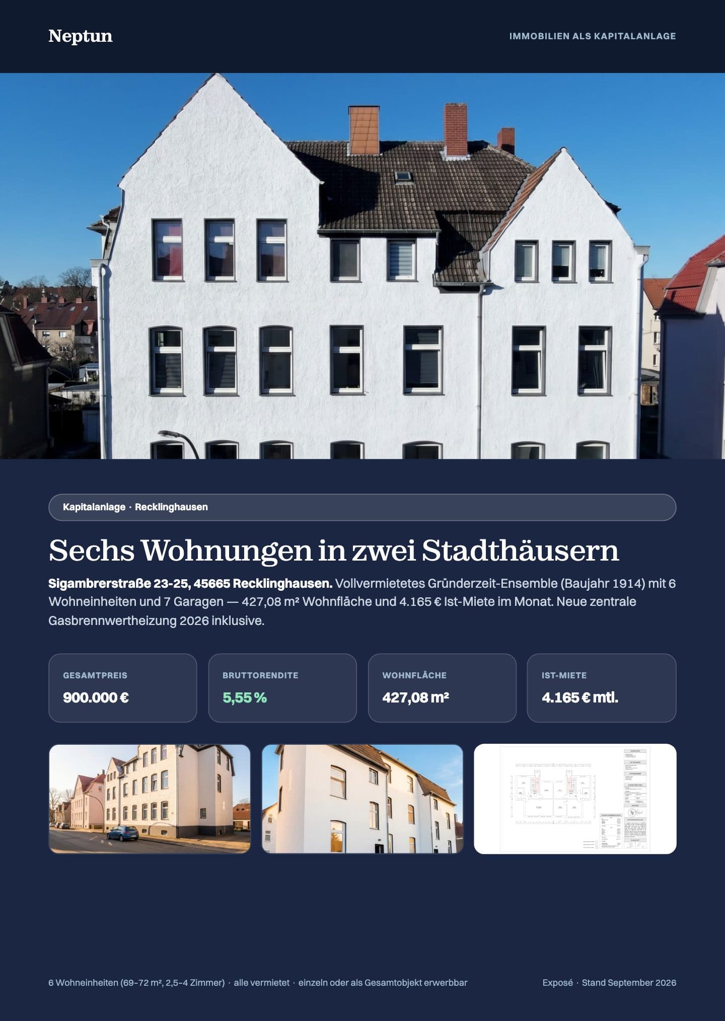 Erste Seite des PDF-Exposés Sigambrerstraße, Recklinghausen: Fassadenfoto, Gesamtpreis 900.000 €, Bruttorendite 5,55 %, Wohnfläche und Ist-Miete