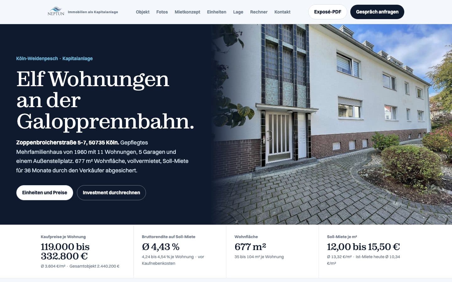 Startseite des Web-Exposés Zoppenbroicherstraße, Köln: Titel „Elf Wohnungen an der Galopprennbahn“ mit Kaufpreisen je Wohnung, Rendite auf Soll-Miete und Wohnfläche